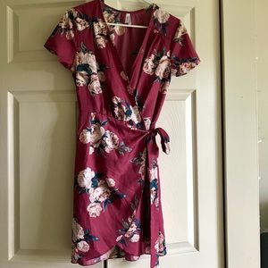 Magenta pink flower wrap around dress